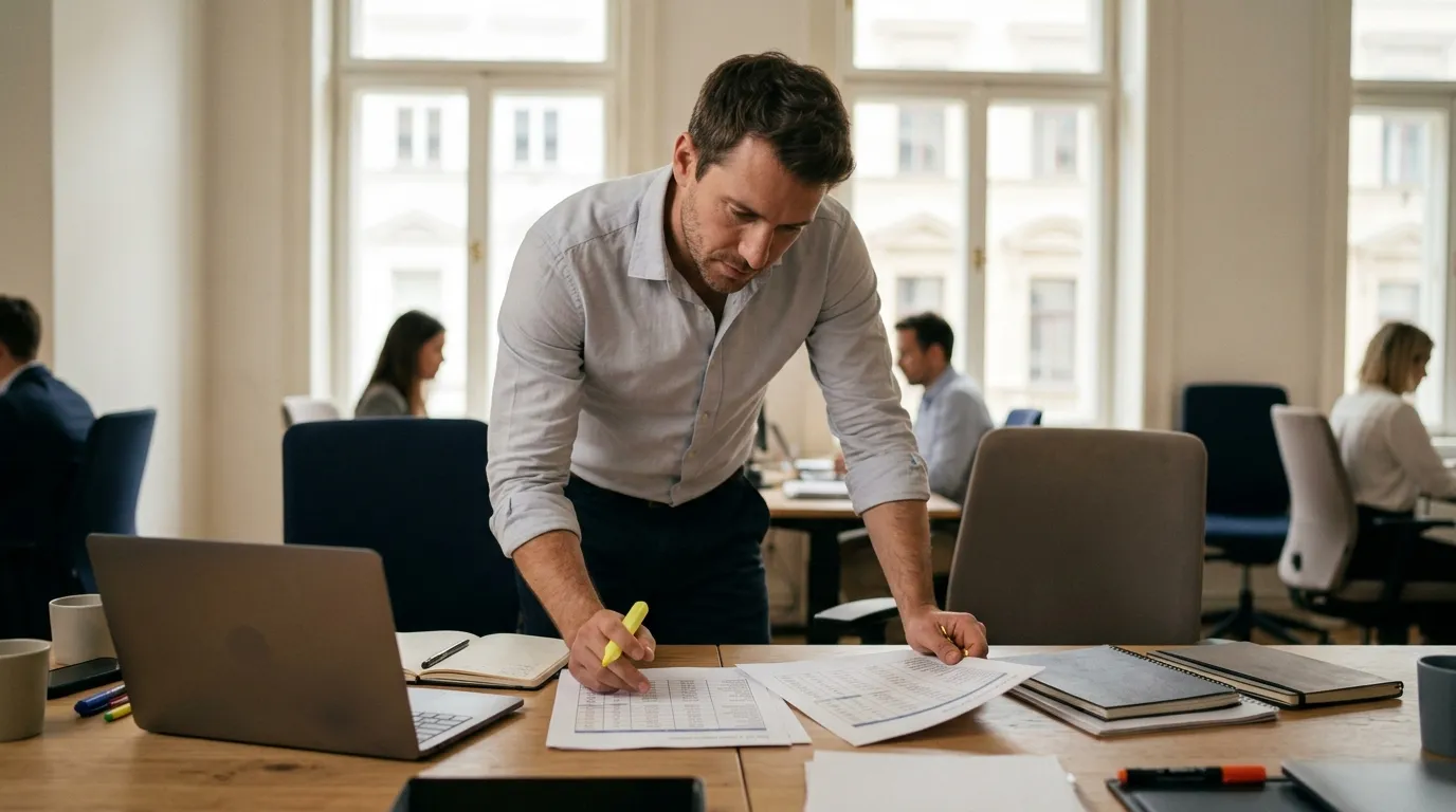 An analyst with a highlighter comparing two printed price tables at a desk next to a laptop