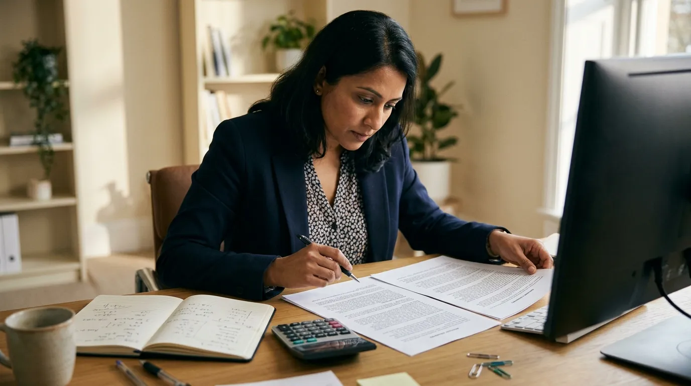 An analyst at a desk compares two printed agreements next to a calculator and a notebook of handwritten figures.