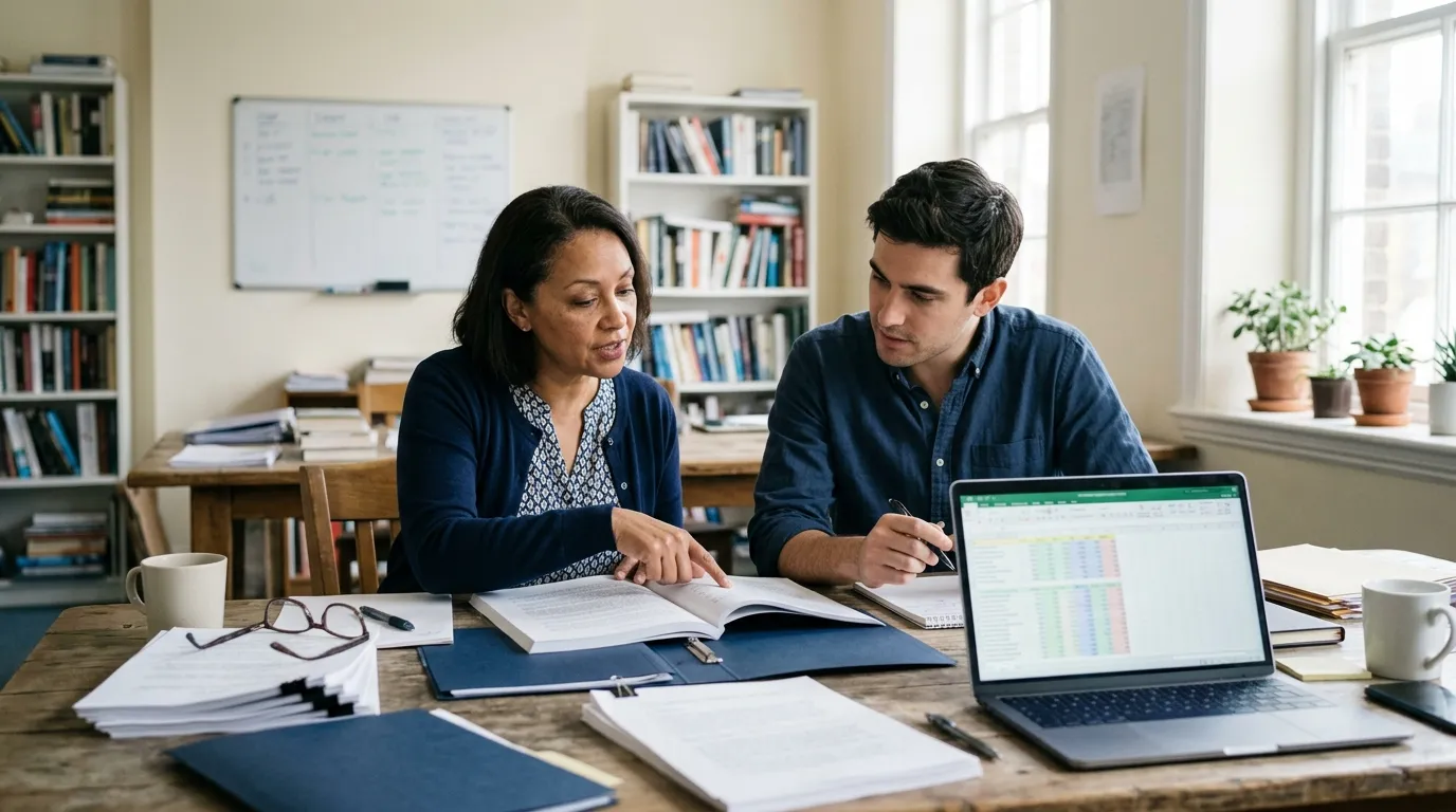Two editors at a wooden table with printed manuscripts and a laptop showing a spreadsheet, one pointing at a page.