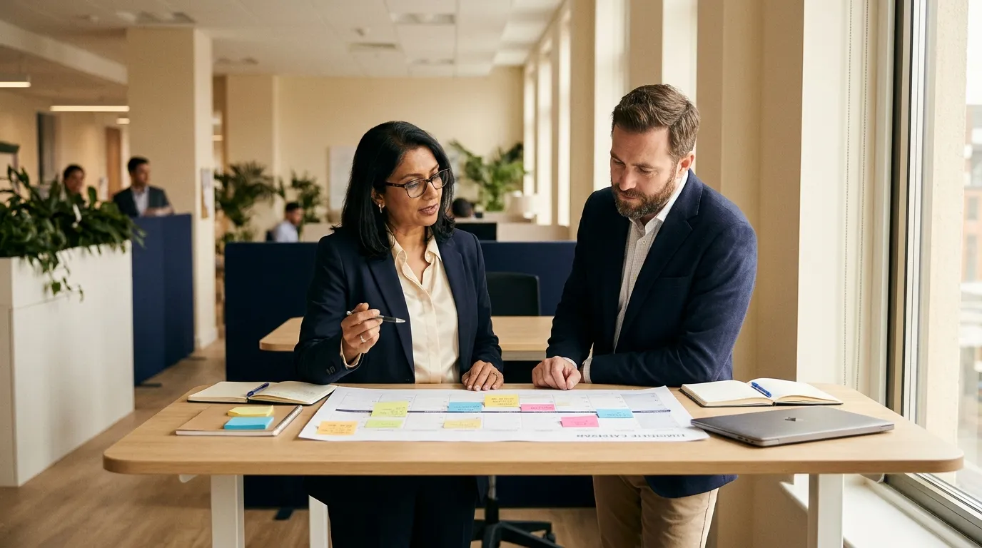 A finance director and a company lawyer at a tall desk by a window, reviewing a printed payment calendar covered in sticky notes.