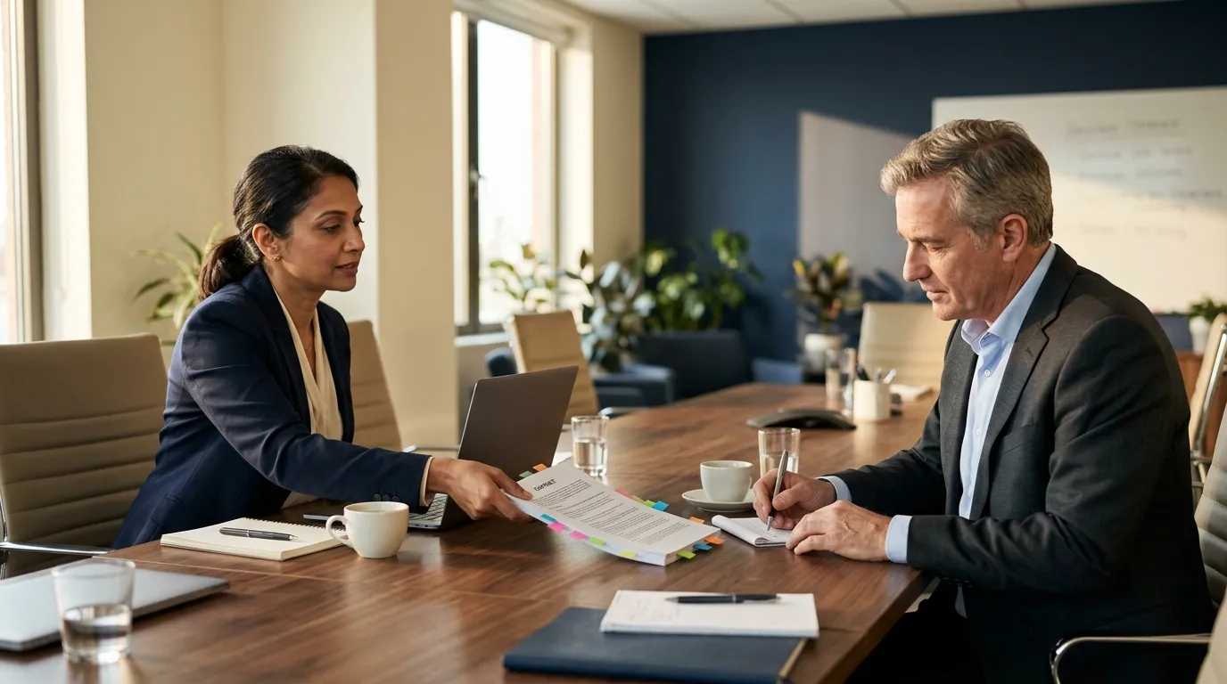 Two negotiators at a long meeting table, one handing over a tabbed contract while the other writes notes.