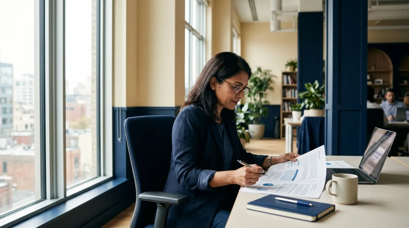 An operations director reading a printed sample report with a pen in hand by a tall office window