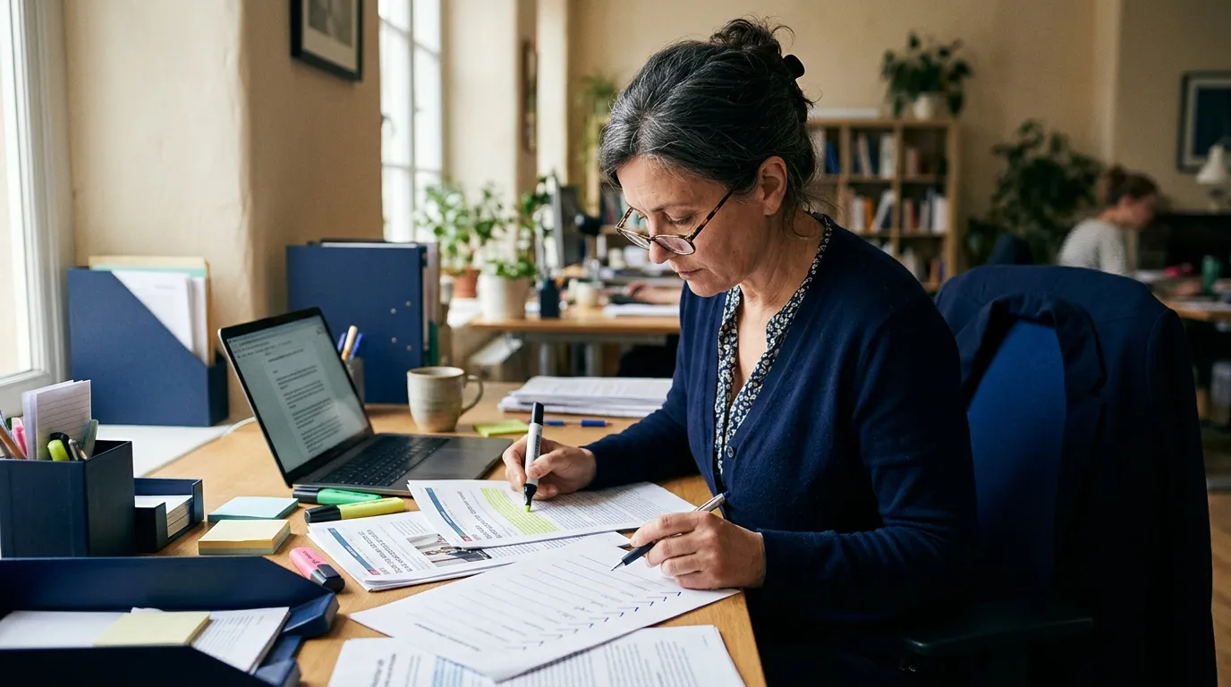 A fact-checker highlighting printed web pages and ticking a checklist at a desk with a laptop
