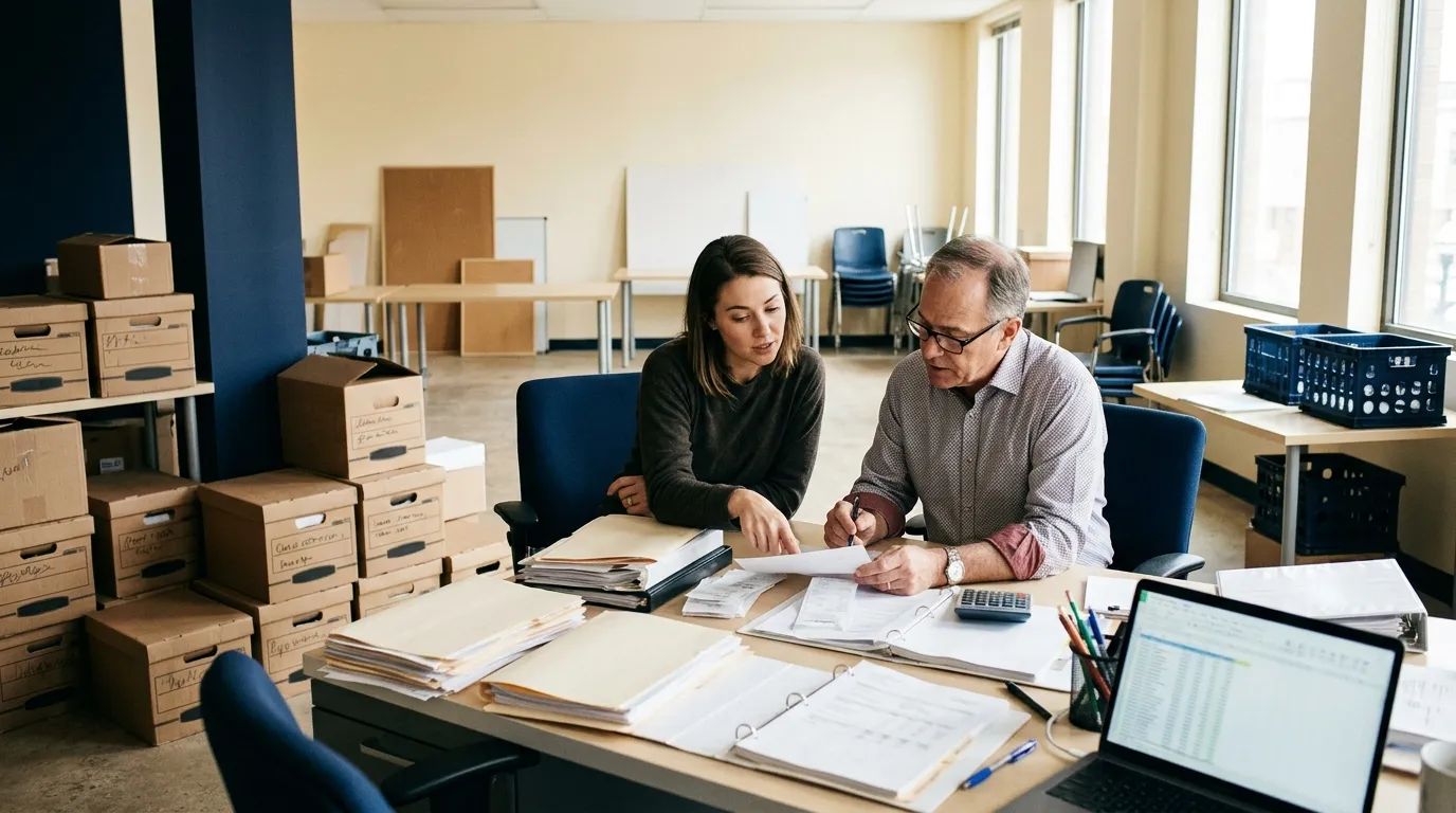 A startup founder and an accountant going through paperwork among labelled archive boxes in a half-empty office