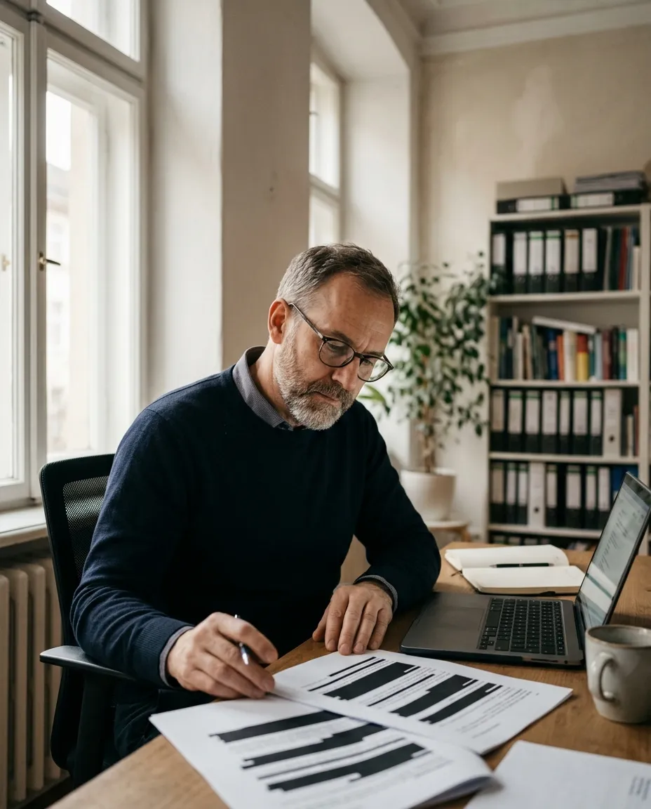 A data protection officer reviewing redacted printouts and a laptop at a desk by a tall window