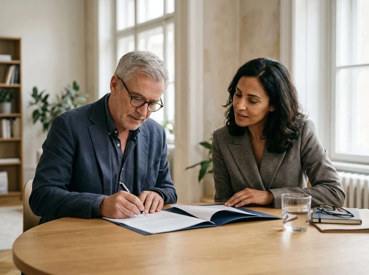 Two people at a round table, one signing a printed agreement while the other looks on